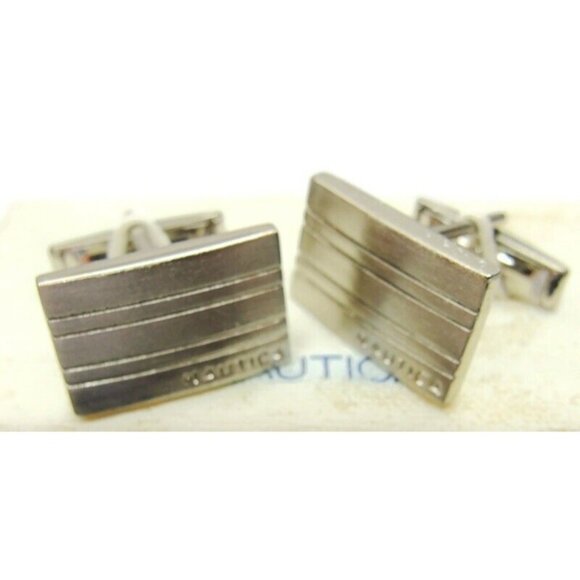 Nautica Rectangular Cufflinks Silver Tone Tux Shirt Dress Suit Vintage IOB - Picture 1 of 9